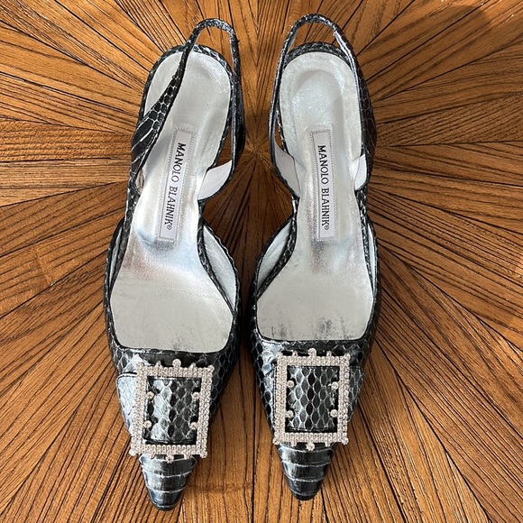 Manolo Blahnik Shoes - Manolo Blahnik Carolyne Rhinestone Kitten Heel Embossed Pumps Size 8